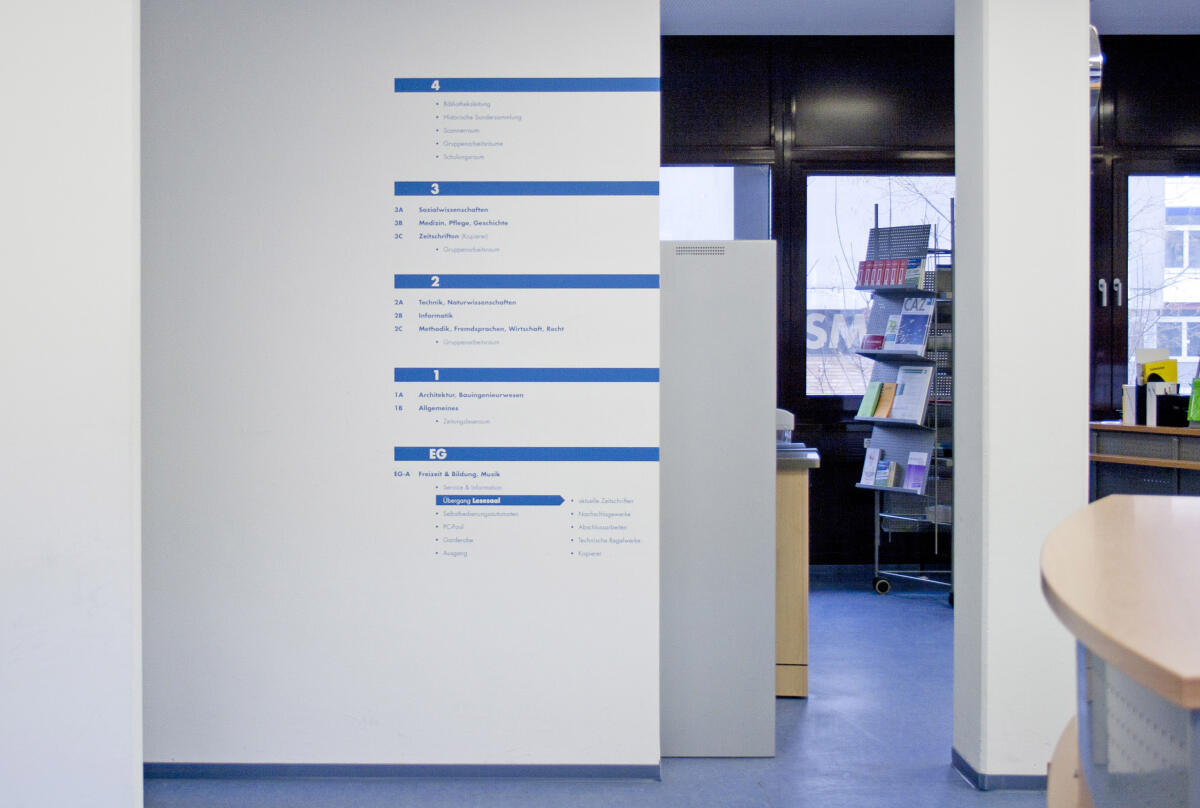 Ein Innenbereich mit einer Wand, die ein Wegeleitsystem zeigt. Auf der Wand sind nummerierte Punkte in blauer Schrift angebracht, die verschiedene Bereiche mitteilen. Im Hintergrund sind Regale mit Informationsmaterialien und eine Empfangstheke sichtbar.